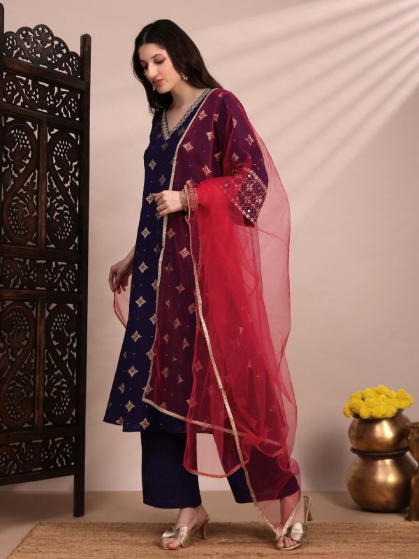 Globus Women Purple Ethnic Motifs Foil Print Bell Sleeves V-Neck Sequinned & Zari Embroidered Detail A-Line Kurta With Pant & Net Dupatta Festive Set