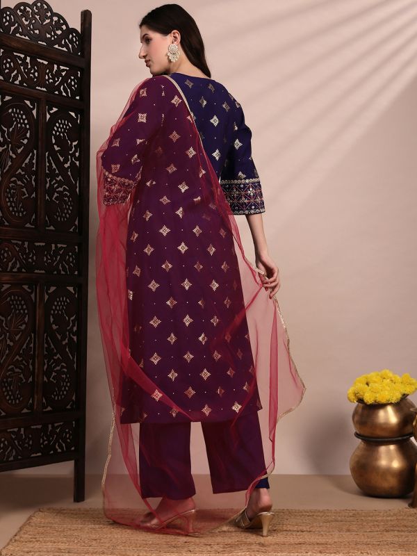 Globus Women Purple Ethnic Motifs Foil Print Bell Sleeves V-Neck Sequinned & Zari Embroidered Detail A-Line Kurta With Pant & Net Dupatta Festive Set