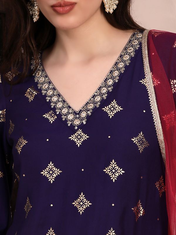 Globus Women Purple Ethnic Motifs Foil Print Bell Sleeves V-Neck Sequinned & Zari Embroidered Detail A-Line Kurta With Pant & Net Dupatta Festive Set