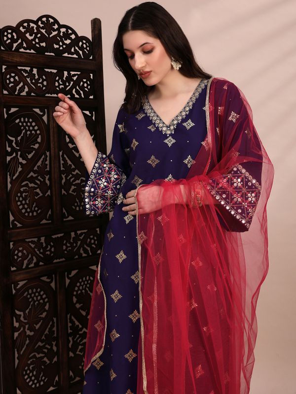 Globus Women Purple Ethnic Motifs Foil Print Bell Sleeves V-Neck Sequinned & Zari Embroidered Detail A-Line Kurta With Pant & Net Dupatta Festive Set