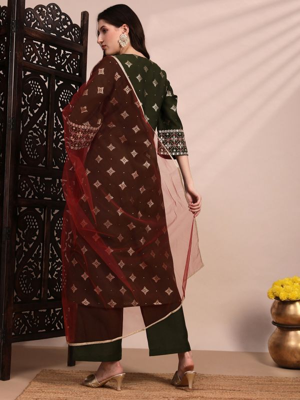 Globus Women Olive Ethnic Motifs Foil Print Bell Sleeves V-Neck Sequinned & Zari Embroidered Detail A-Line Kurta With Pant & Net Dupatta Festive Set