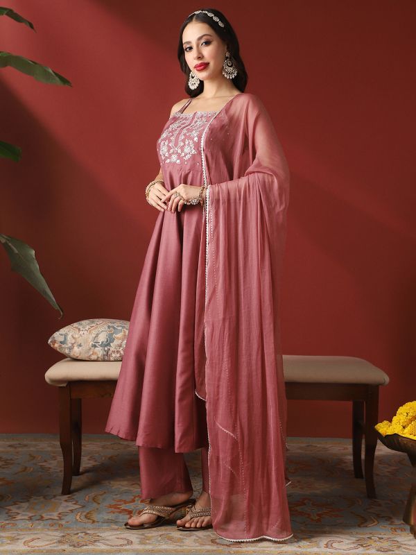Globus Women Rust Sequinned Embroidered Yoke Round Neck Strappy Sleeves Anarkali Kurta With Pant & Dupatta Festive Set