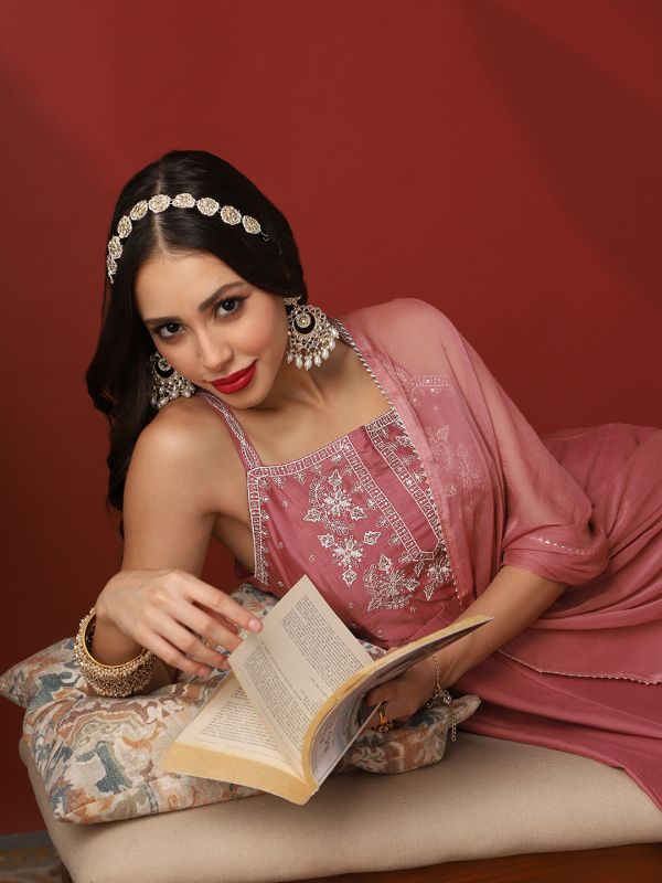 Globus Women Rust Sequinned Embroidered Yoke Round Neck Strappy Sleeves Anarkali Kurta With Pant & Dupatta Festive Set