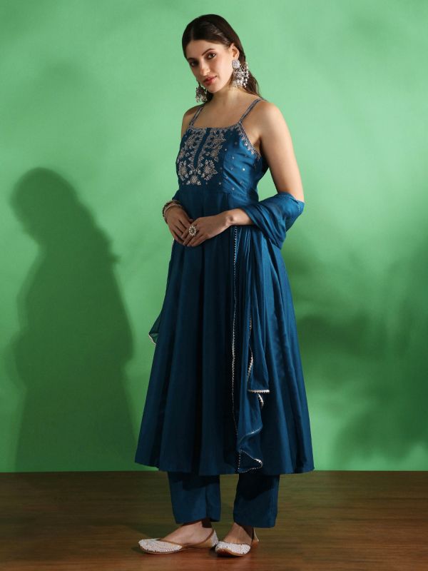 Globus Women Blue Sequin Embroidered Yoke Square Neck Strappy Sleeves Anarkali Kurta With Pant & Dupatta Set