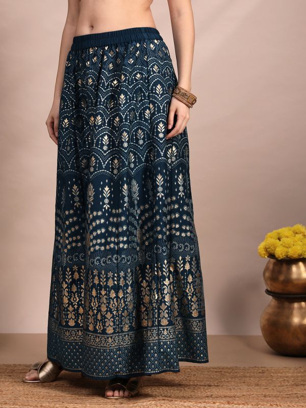 Globus Women Green Zari Embroidered Yoke Round Neck Short Kurta With Allover Foil Printed Sharara & Ombre Dupatta Festive Set