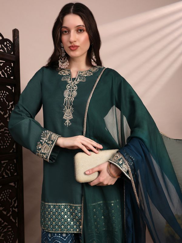 Globus Women Green Zari Embroidered Yoke Round Neck Short Kurta With Allover Foil Printed Sharara & Ombre Dupatta Festive Set