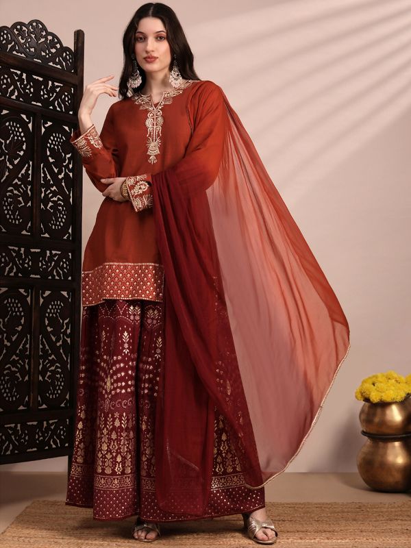 Globus Women Orange Zari Embroidered Yoke Round Neck Short Kurta With Allover Foil Printed Sharara & Ombre Dupatta Festive Set