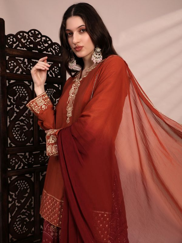 Globus Women Orange Zari Embroidered Yoke Round Neck Short Kurta With Allover Foil Printed Sharara & Ombre Dupatta Festive Set