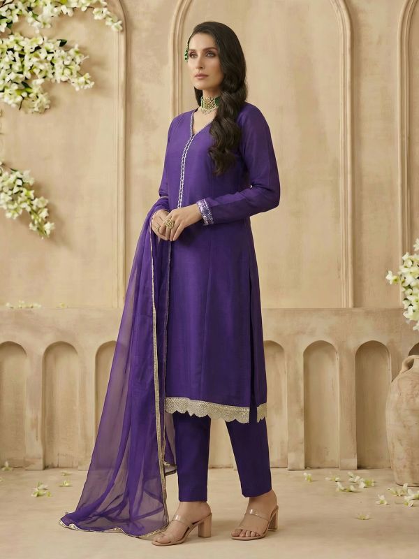 Globus Women Purple V-Neck Zari Embroidered Lace Detail A-Line Kurta with Wide Leg Pants & Dupatta Festive Set