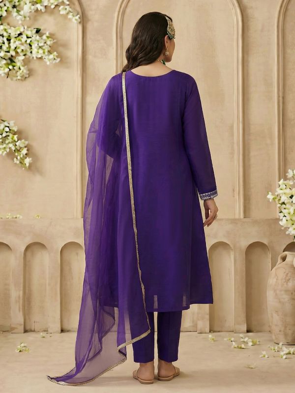 Globus Women Purple V-Neck Zari Embroidered Lace Detail A-Line Kurta with Wide Leg Pants & Dupatta Festive Set