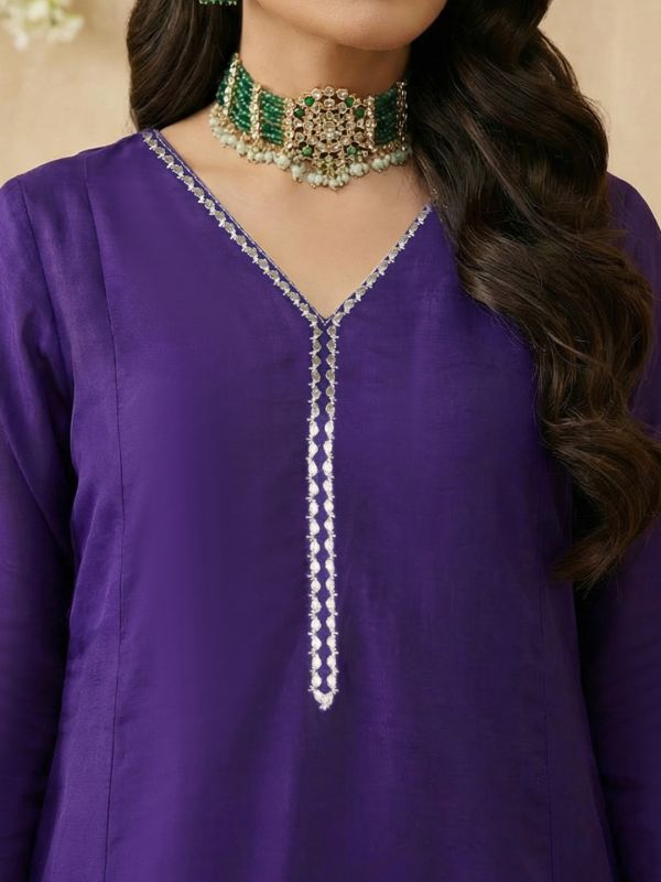 Globus Women Purple V-Neck Zari Embroidered Lace Detail A-Line Kurta with Wide Leg Pants & Dupatta Festive Set