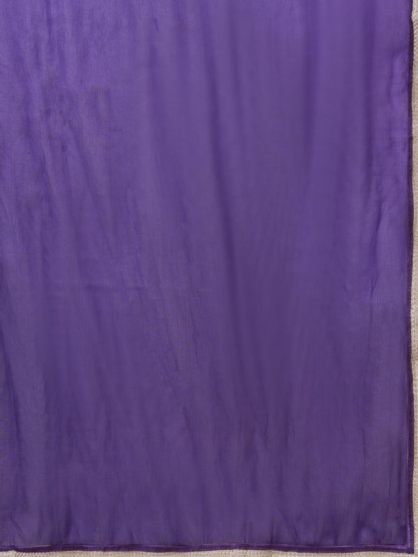Globus Women Purple V-Neck Zari Embroidered Lace Detail A-Line Kurta with Wide Leg Pants & Dupatta Festive Set