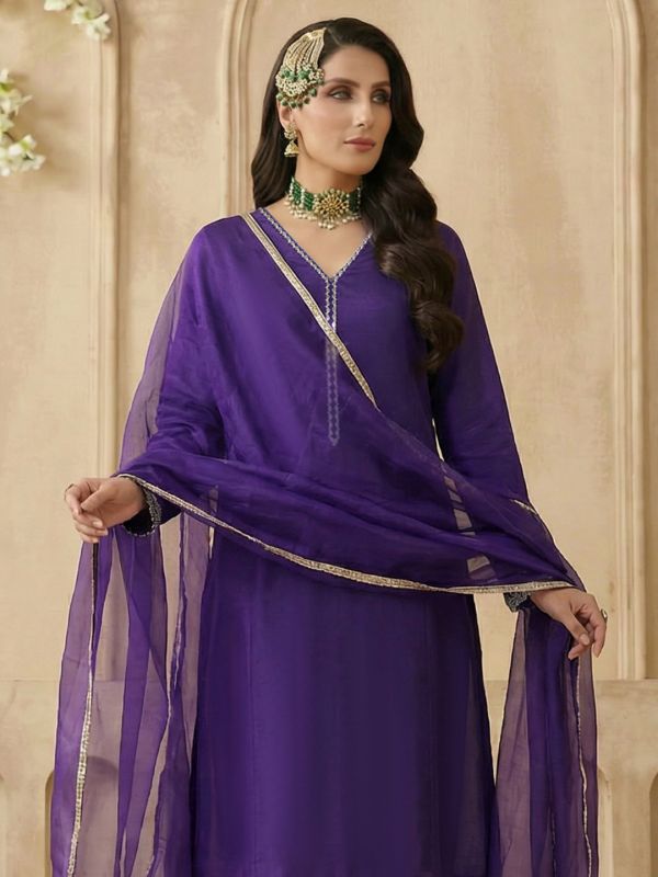 Globus Women Purple V-Neck Zari Embroidered Lace Detail A-Line Kurta with Wide Leg Pants & Dupatta Festive Set