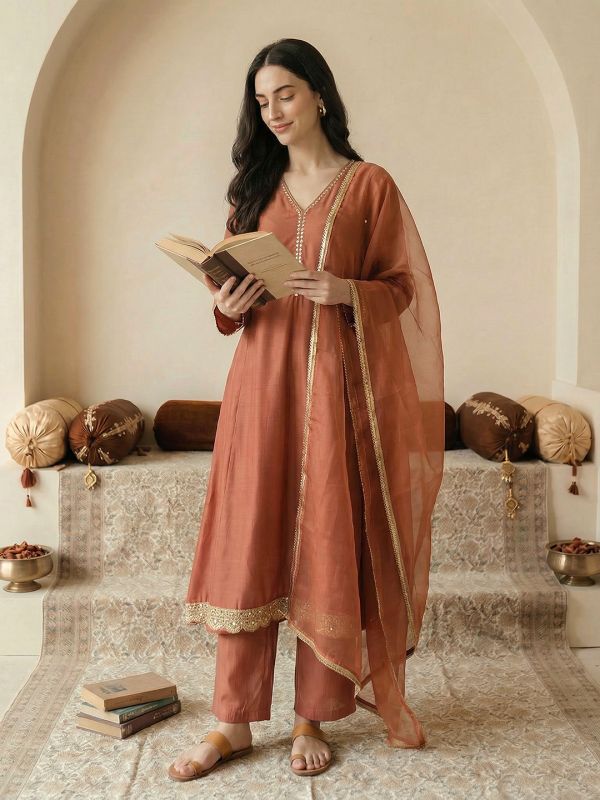 Globus Women Orange V-Neck Zari Embroidered & Mirror Work Detail Flared Hem A-Line Kurta with Pants & Dupatta Festive Set