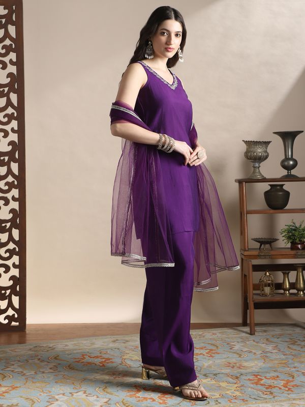 Globus Women Purple Zari Embroidered V-Neck Sleeveless A-Line Kurti With Wide Leg Pants & Tapping Dupatta Festive Set