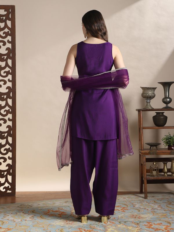 Globus Women Purple Zari Embroidered V-Neck Sleeveless A-Line Kurti With Wide Leg Pants & Tapping Dupatta Festive Set