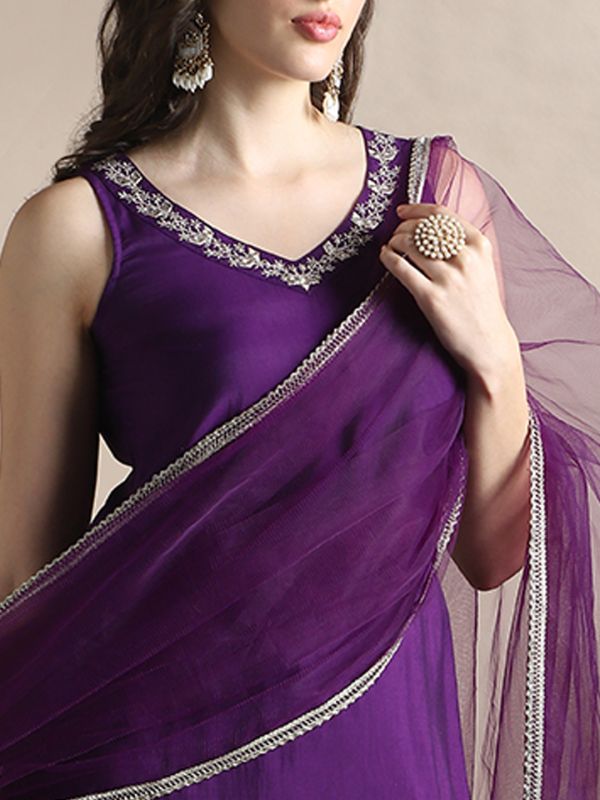Globus Women Purple Zari Embroidered V-Neck Sleeveless A-Line Kurti With Wide Leg Pants & Tapping Dupatta Festive Set