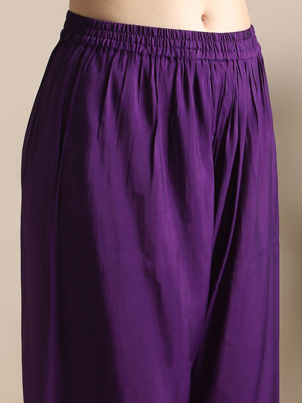 Globus Women Purple Zari Embroidered V-Neck Sleeveless A-Line Kurti With Wide Leg Pants & Tapping Dupatta Festive Set