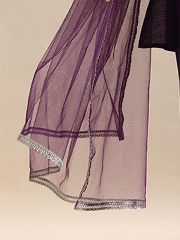 Globus Women Purple Zari Embroidered V-Neck Sleeveless A-Line Kurti With Wide Leg Pants & Tapping Dupatta Festive Set