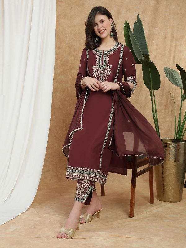 Globus Women Maroon Round Neck All-Over Embroidered Yoke A-Line Kurta with Wide Leg Pants & Dupatta Festive Set