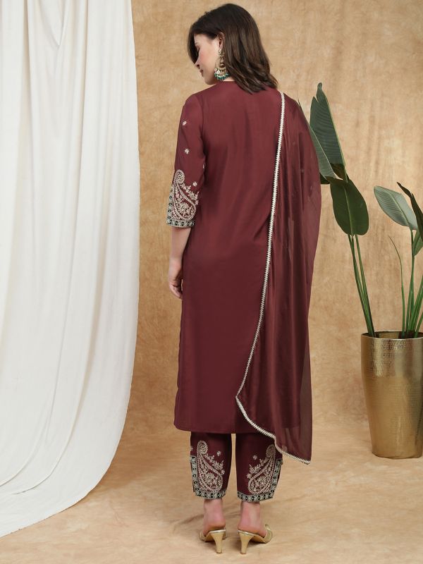 Globus Women Maroon Round Neck All-Over Embroidered Yoke A-Line Kurta with Wide Leg Pants & Dupatta Festive Set