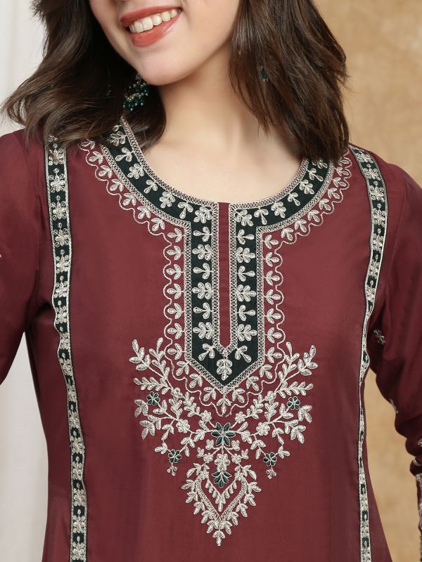 Globus Women Maroon Round Neck All-Over Embroidered Yoke A-Line Kurta with Wide Leg Pants & Dupatta Festive Set