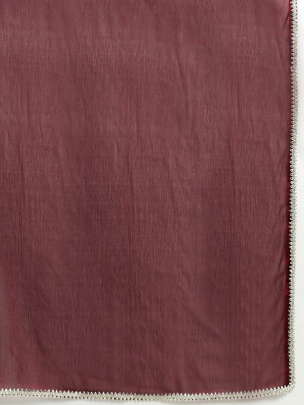 Globus Women Maroon Round Neck All-Over Embroidered Yoke A-Line Kurta with Wide Leg Pants & Dupatta Festive Set