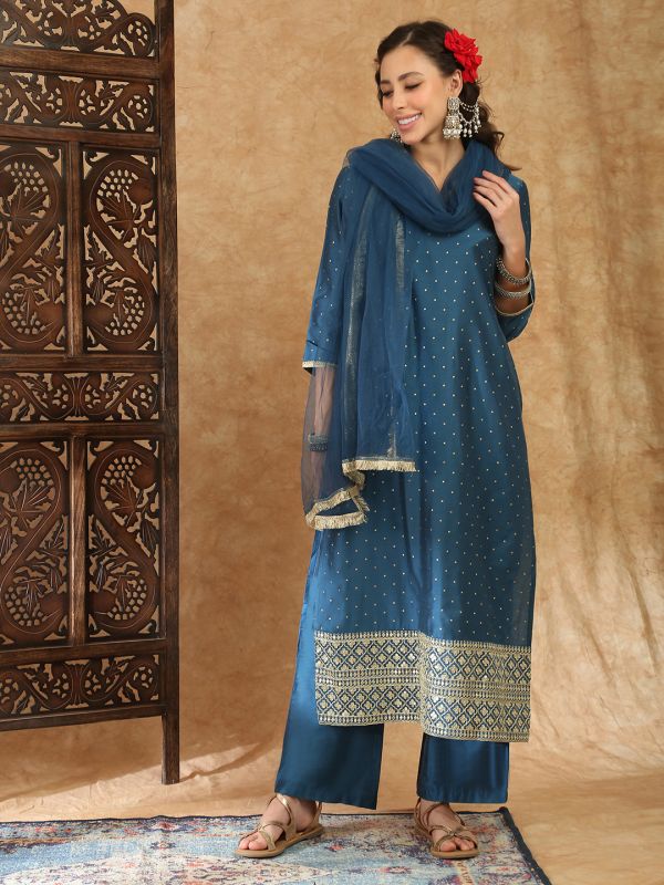 Globus Women Blue Round Neck Polka Dot Foil Print Zari Embroidered Hem Straight Kurta with Trousers & Dupatta Festive Set