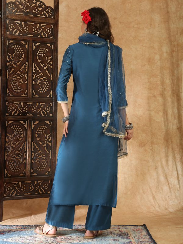 Globus Women Blue Round Neck Polka Dot Foil Print Zari Embroidered Hem Straight Kurta with Trousers & Dupatta Festive Set