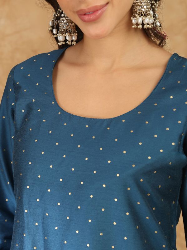 Globus Women Blue Round Neck Polka Dot Foil Print Zari Embroidered Hem Straight Kurta with Trousers & Dupatta Festive Set