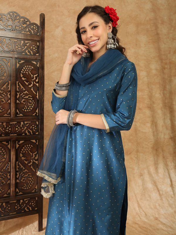 Globus Women Blue Round Neck Polka Dot Foil Print Zari Embroidered Hem Straight Kurta with Trousers & Dupatta Festive Set