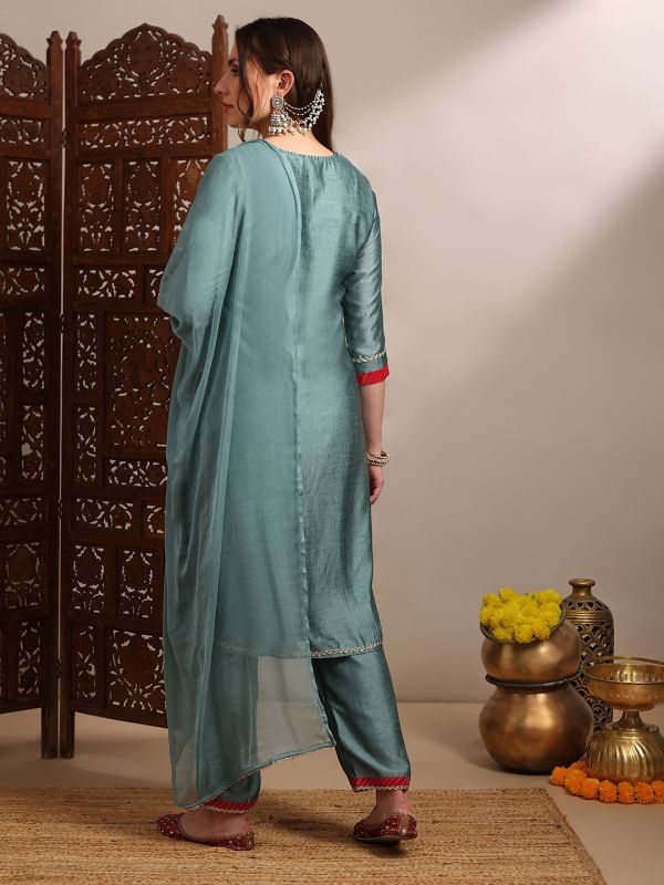 Globus Women Teal Zari Embroidered Yoke Straight Kurta With Wide Leg Pants & Taping Dupatta Festive Set