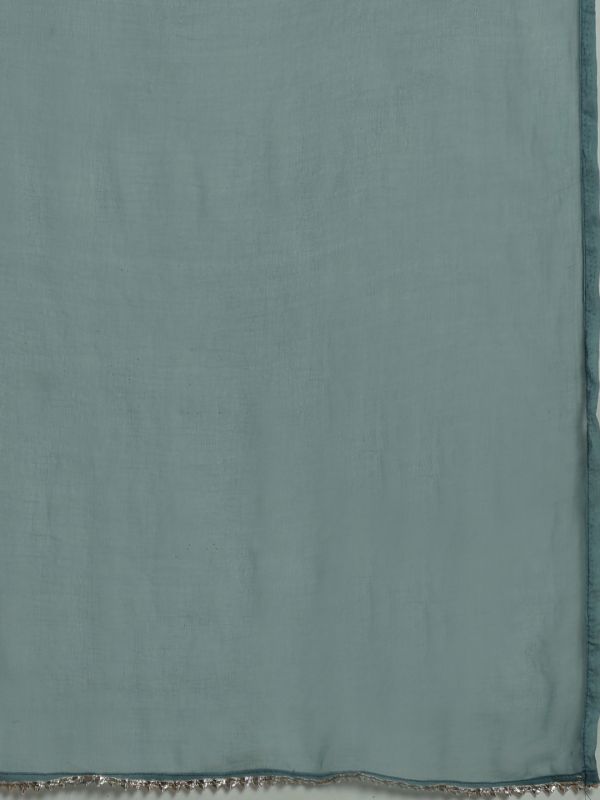 Globus Women Teal Zari Embroidered Yoke Straight Kurta With Wide Leg Pants & Taping Dupatta Festive Set