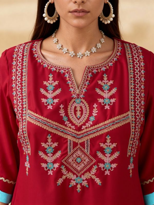 Globus Women Pink Zari Embroidered Yoke Straight Kurta With Wide Leg Pants & Taping Dupatta Festive Set