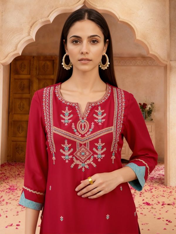 Globus Women Pink Zari Embroidered Yoke Straight Kurta With Wide Leg Pants & Taping Dupatta Festive Set
