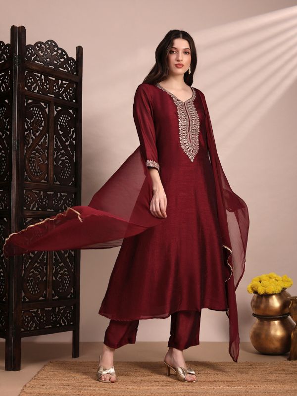 Globus Women Maroon V-Neck Sequin & Zari Embroidered Yoke A-Line Kurta With Pant & Dupatta Festive Set
