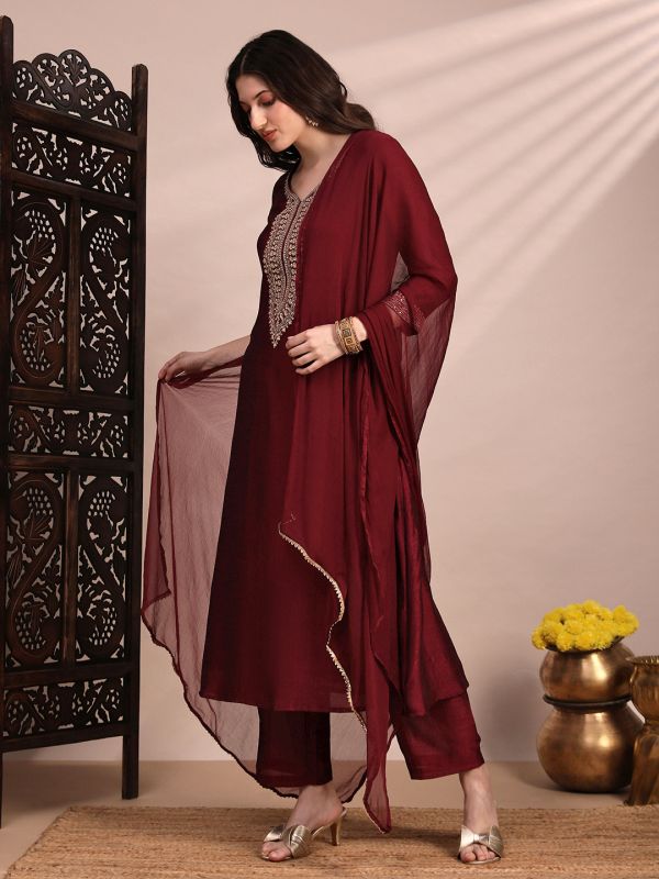 Globus Women Maroon V-Neck Sequin & Zari Embroidered Yoke A-Line Kurta With Pant & Dupatta Festive Set