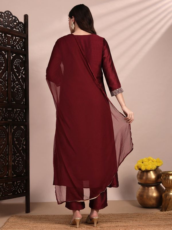 Globus Women Maroon V-Neck Sequin & Zari Embroidered Yoke A-Line Kurta With Pant & Dupatta Festive Set