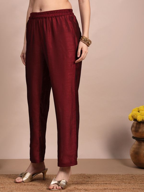 Globus Women Maroon V-Neck Sequin & Zari Embroidered Yoke A-Line Kurta With Pant & Dupatta Festive Set