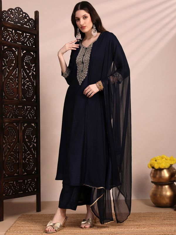 Globus Women Blue V-Neck Sequin & Zari Embroidered Yoke A-Line Kurta With Pant & Dupatta Festive Set
