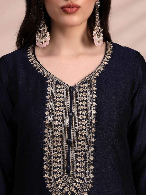 Globus Women Blue V-Neck Sequin & Zari Embroidered Yoke A-Line Kurta With Pant & Dupatta Festive Set