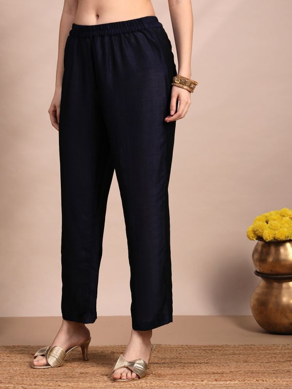 Globus Women Blue V-Neck Sequin & Zari Embroidered Yoke A-Line Kurta With Pant & Dupatta Festive Set