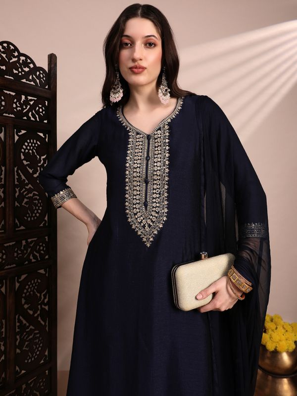 Globus Women Blue V-Neck Sequin & Zari Embroidered Yoke A-Line Kurta With Pant & Dupatta Festive Set