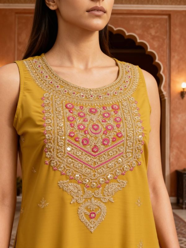 Globus Women Mustard Floral Zari Embroidered Round Neck Straight Kurta With Sharara & Taping Dupatta Festive Set