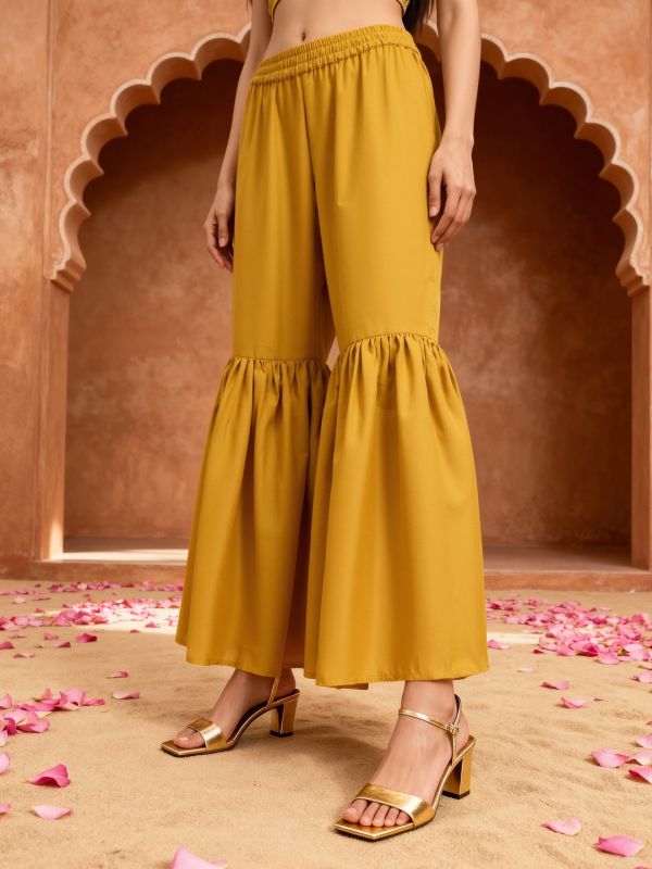 Globus Women Mustard Floral Zari Embroidered Round Neck Straight Kurta With Sharara & Taping Dupatta Festive Set