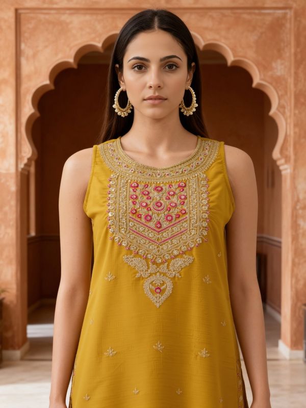 Globus Women Mustard Floral Zari Embroidered Round Neck Straight Kurta With Sharara & Taping Dupatta Festive Set