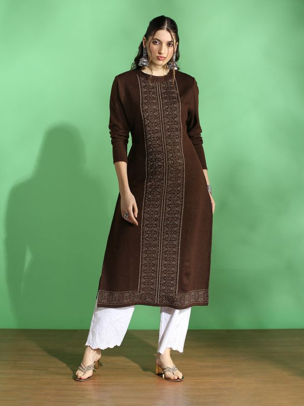Globus Women Brown Round Neck Full Sleeves Placement Weave Knitted Acrylic Loose Fit Winter Wear Kurta