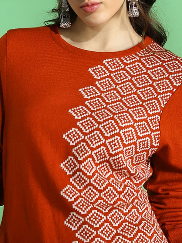Globus Women Rust Round Neck Full Sleeves Geometric Print Placement Weave Knitted Acrylic Loose Fit Winter Wear Kurta