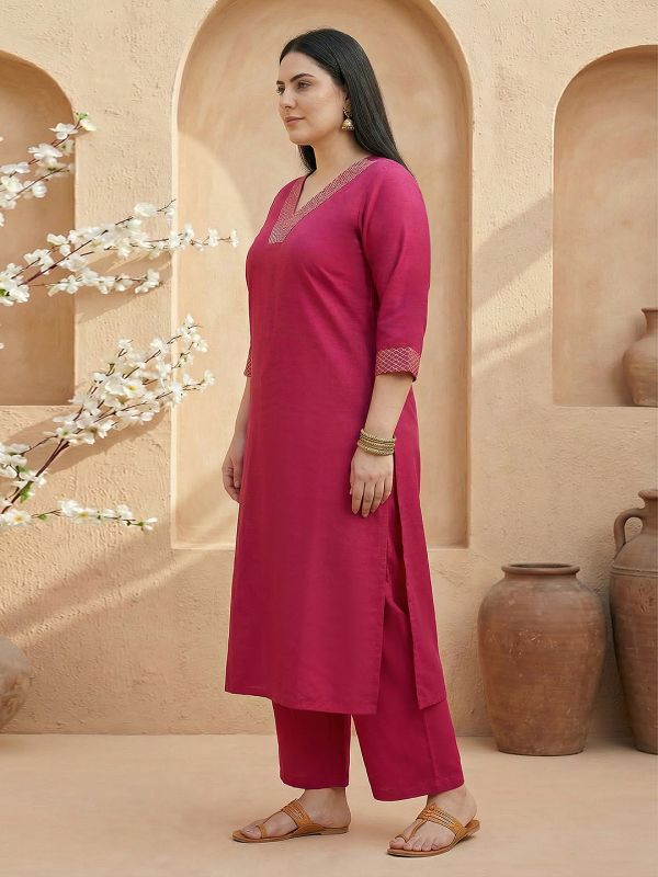 Globus Gloplus Women Pink Zari Embroidered V-Neck Straight Plus Size Kurta with Wide Leg Pants Workwear Set
