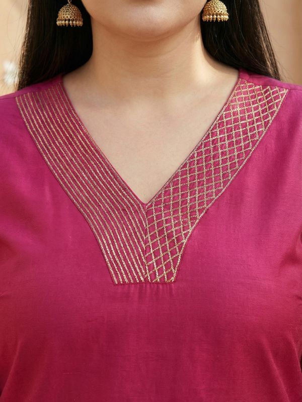 Globus Gloplus Women Pink Zari Embroidered V-Neck Straight Plus Size Kurta with Wide Leg Pants Workwear Set